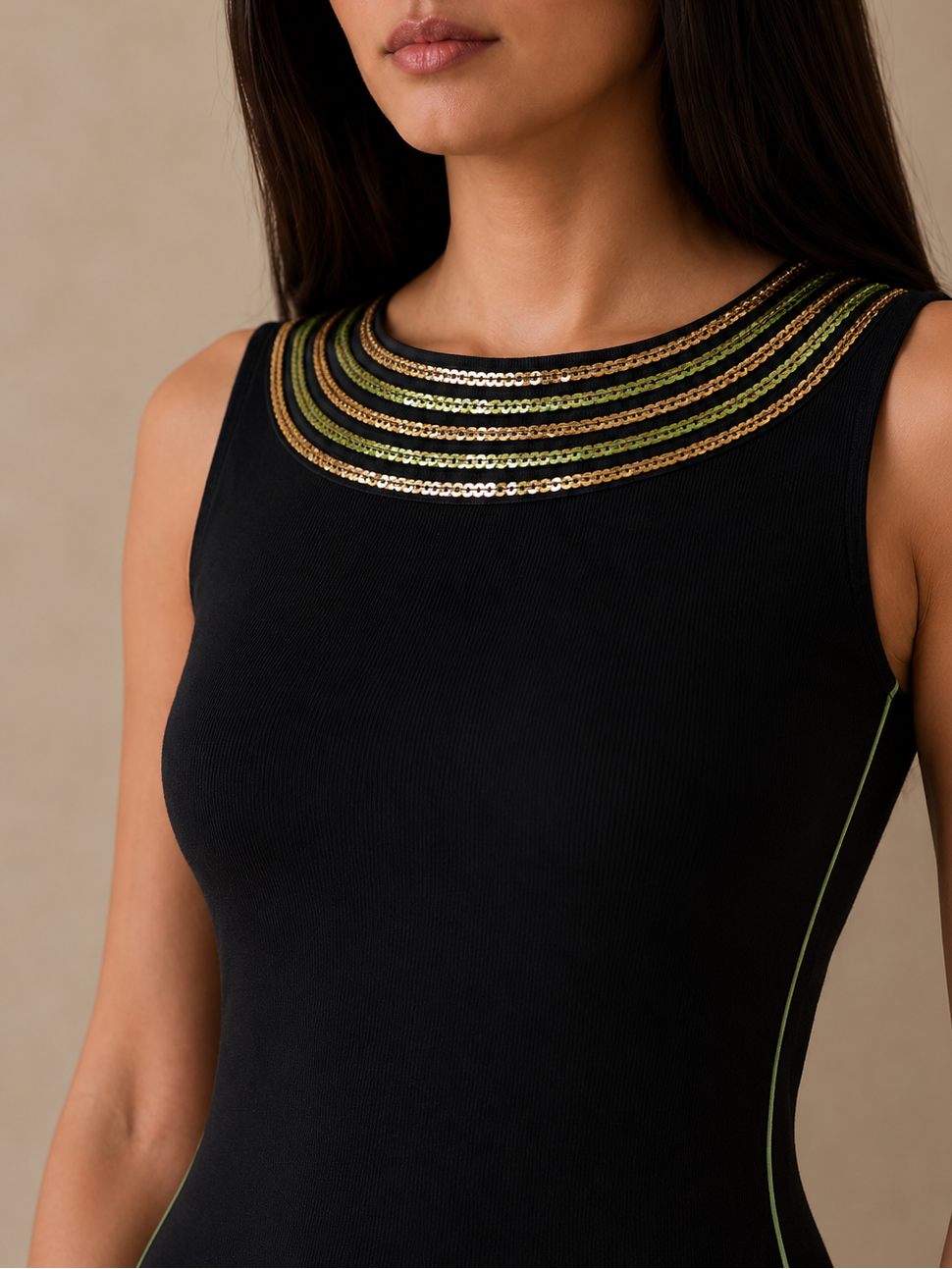 Olive Gold Embellished Black Midi Dress