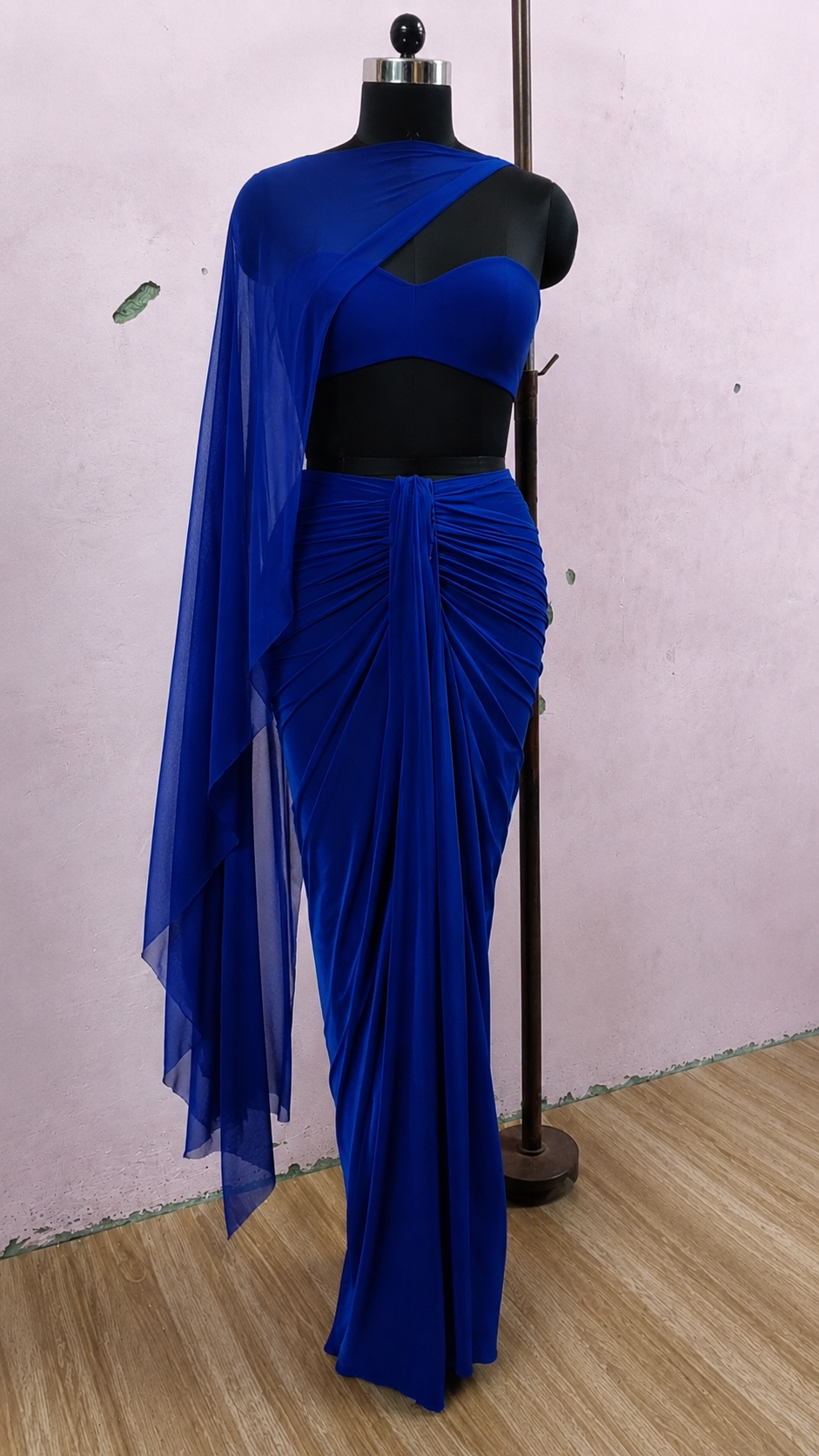 Royal Blue Drape Skirt Set with Organza Cape
