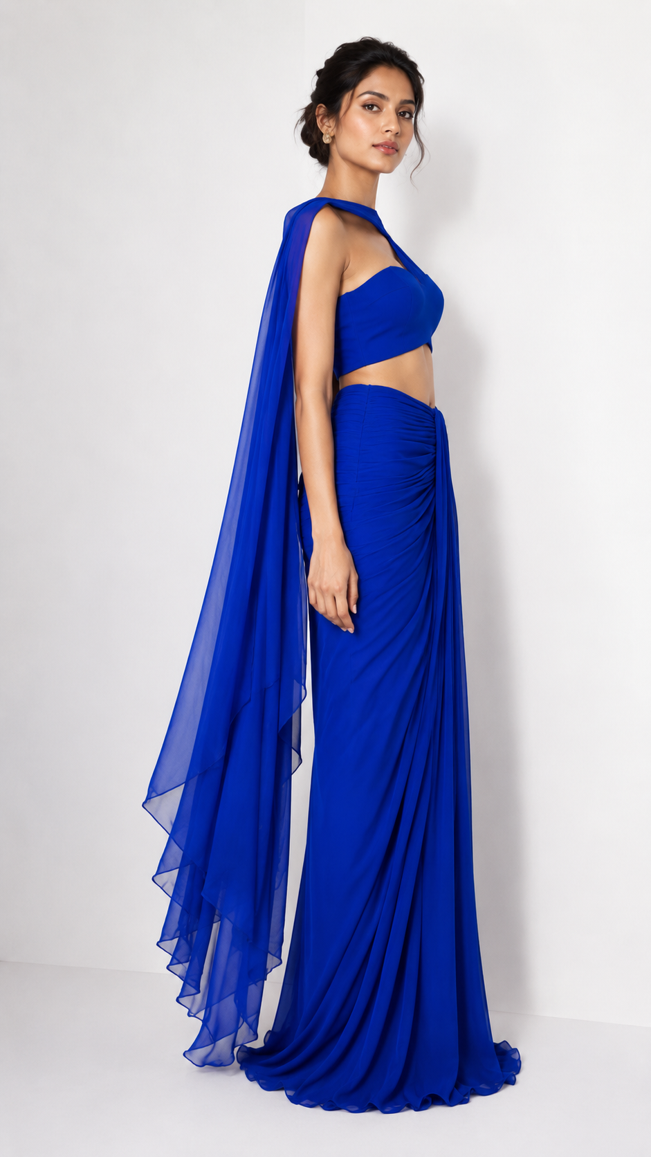 Royal Blue Drape Skirt Set with Organza Cape