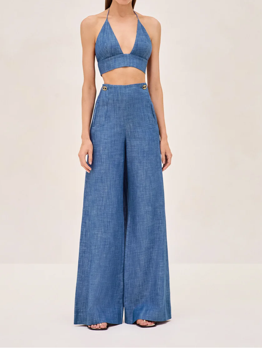 Button-Up Shirt with Wide-Leg Pants & Bralette