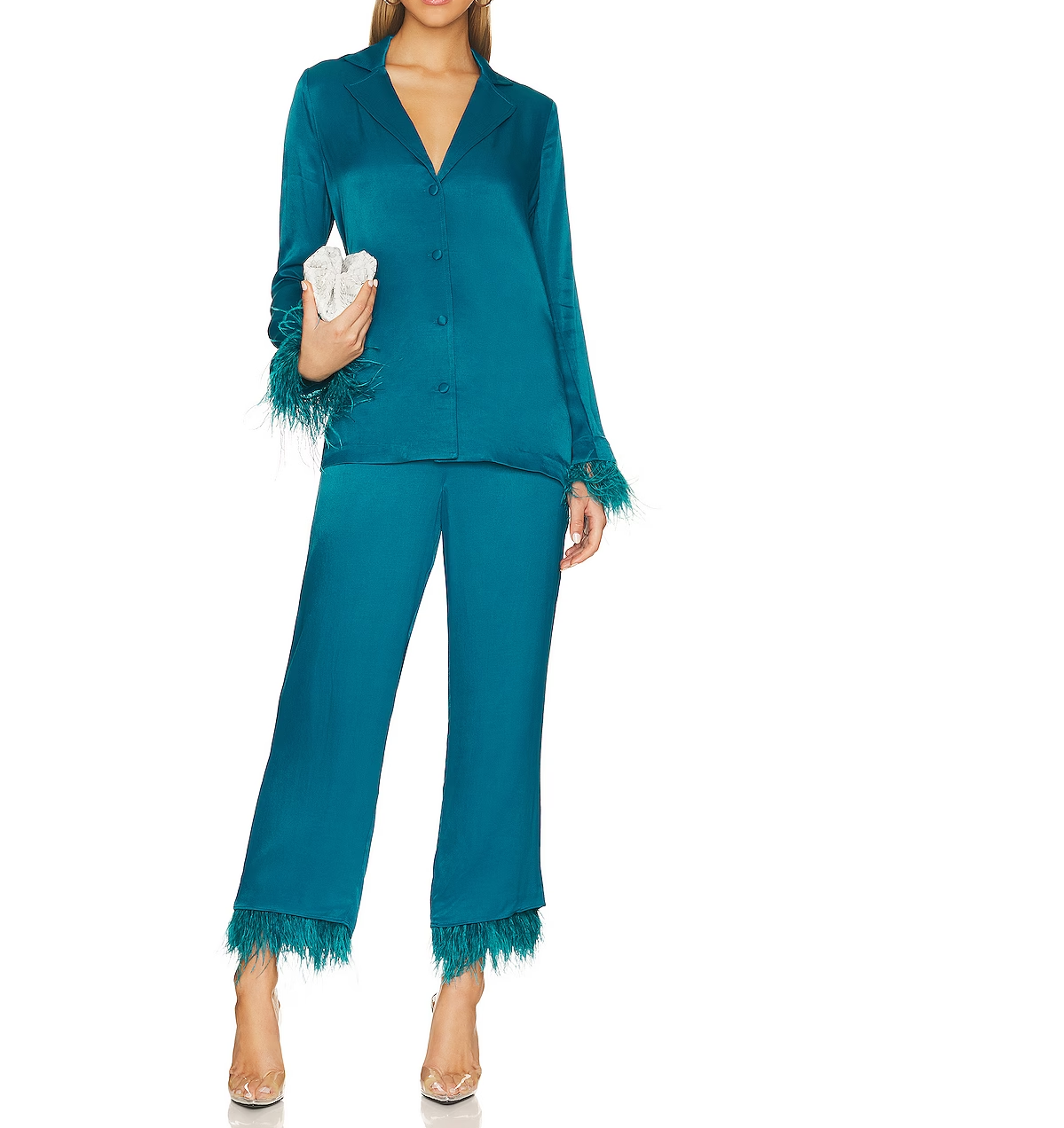 Teal Blue Fur Lounge Wear Co-Ord Set