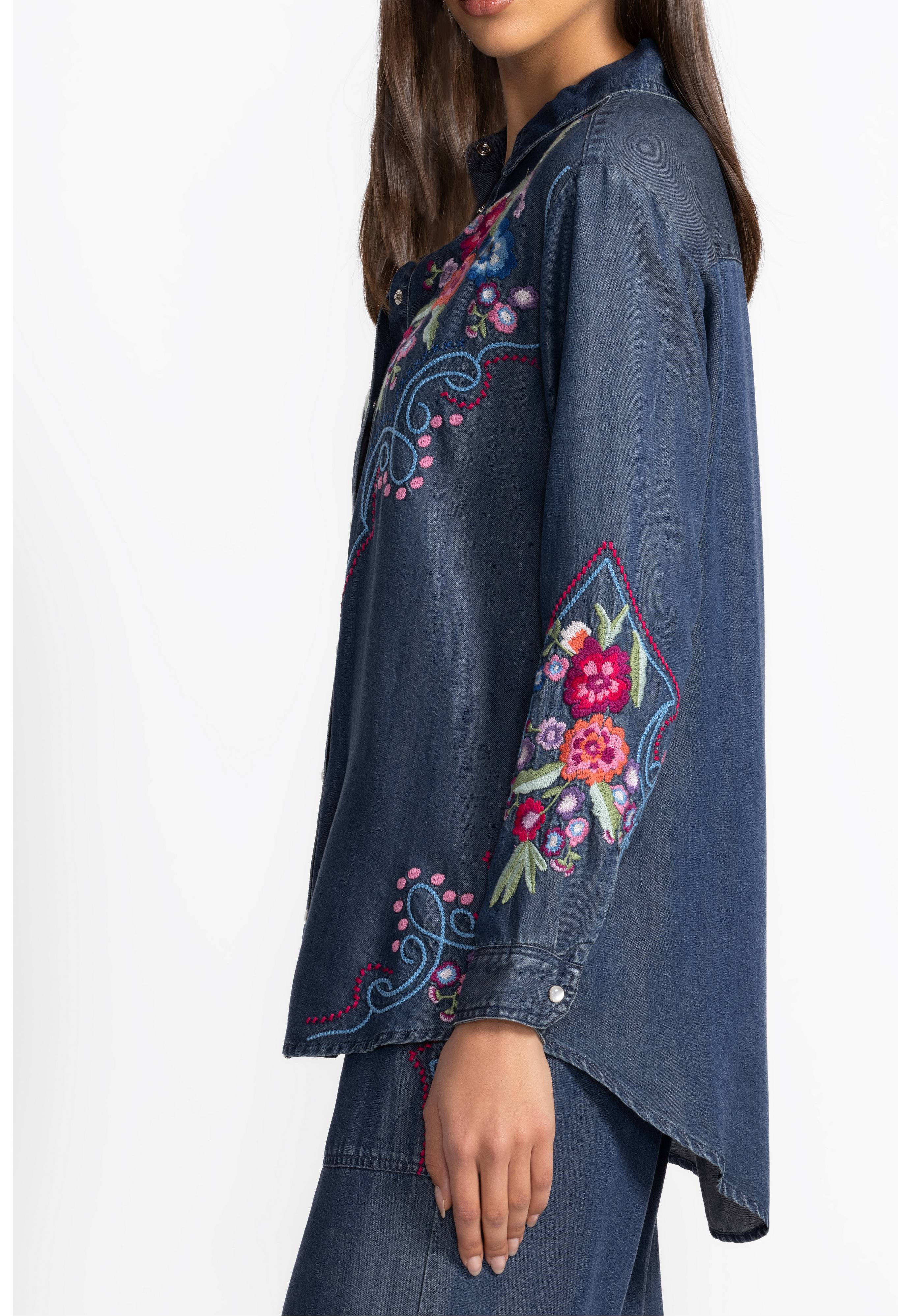 Embroidered Denim Shirt & Wide-Leg Cargo Pants Set