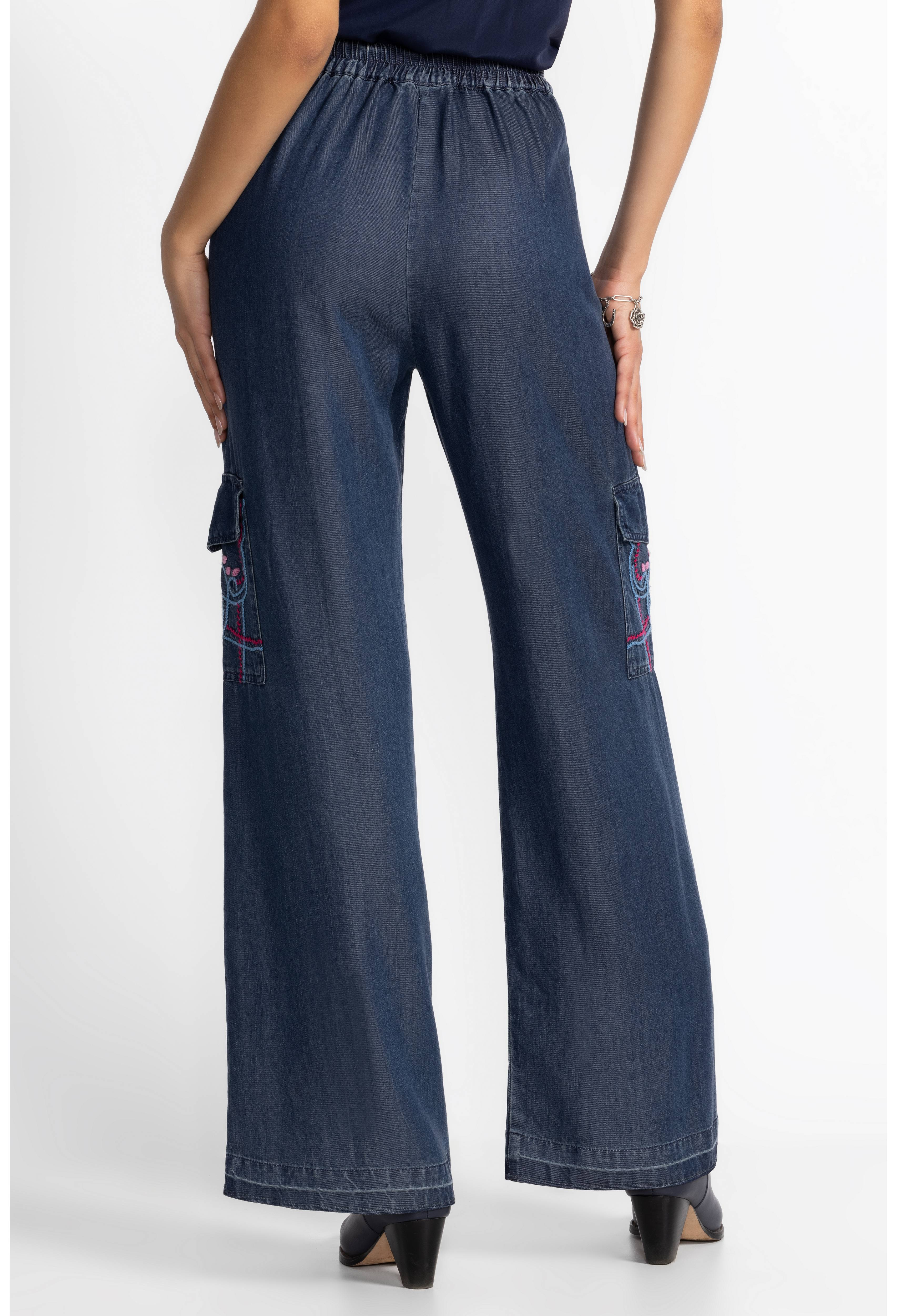 Embroidered Denim Shirt & Wide-Leg Cargo Pants Set