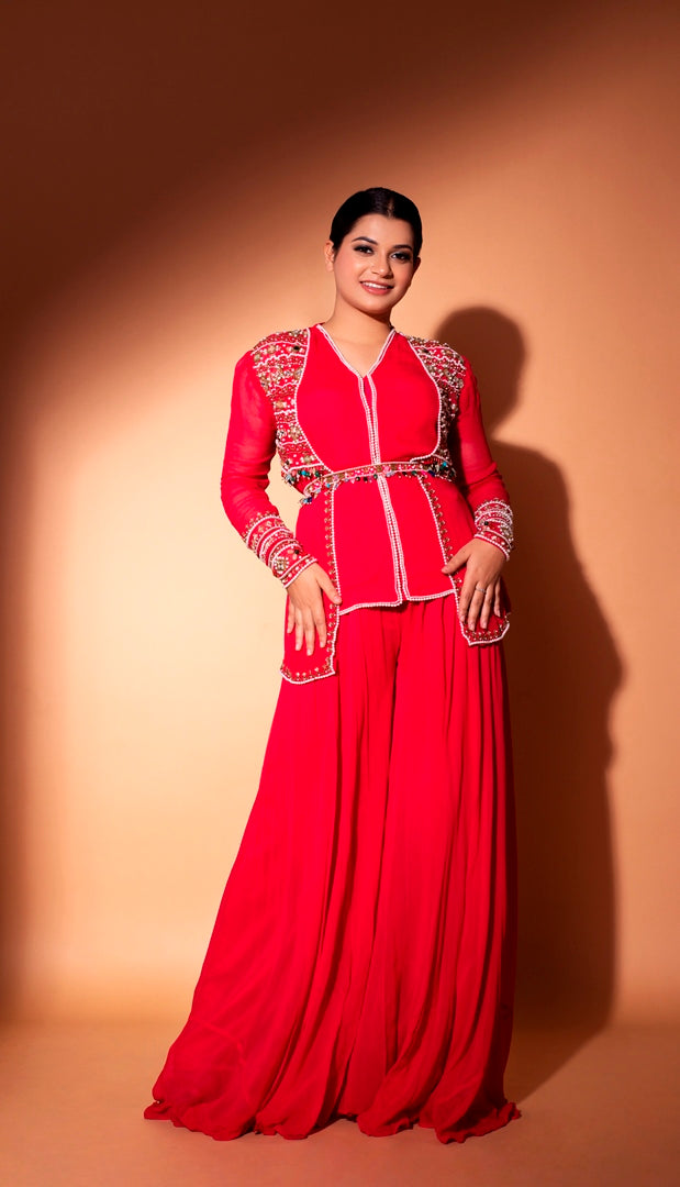 Pretty Fuchsia Jewell work Short Top and Palazzo Set