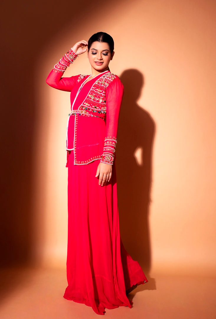 Pretty Fuchsia Jewell work Short Top and Palazzo Set