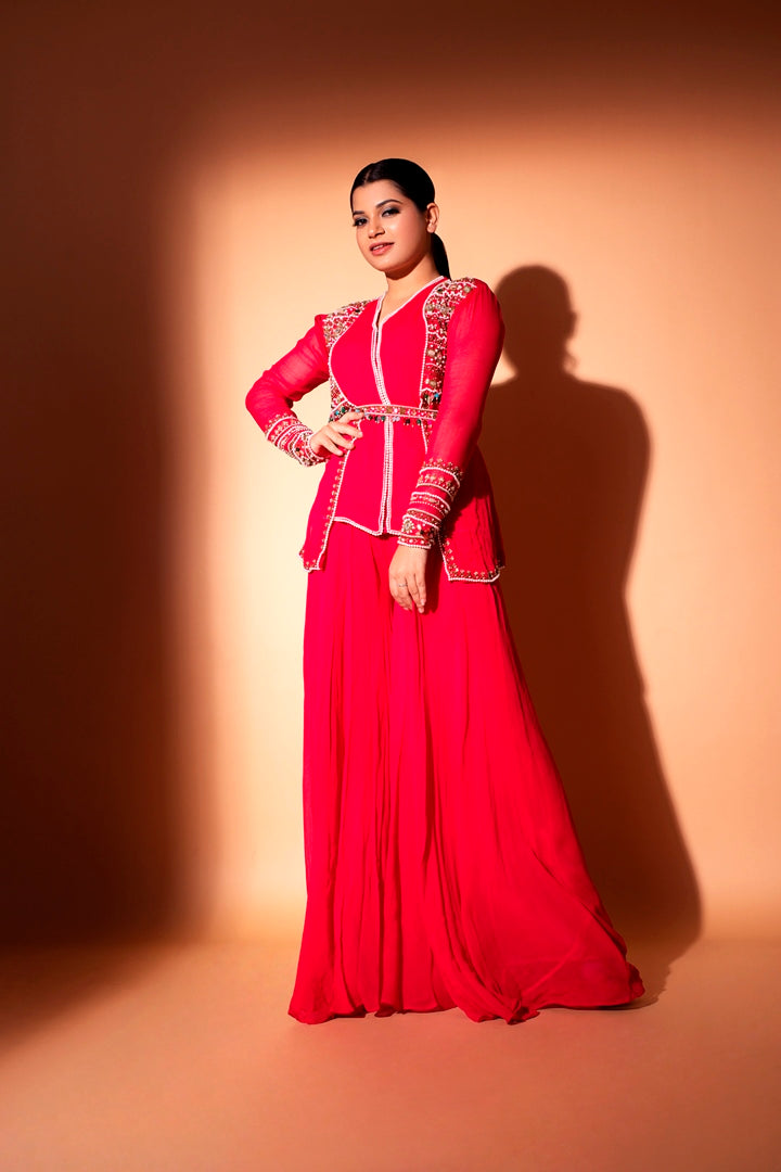 Pretty Fuchsia Jewell work Short Top and Palazzo Set