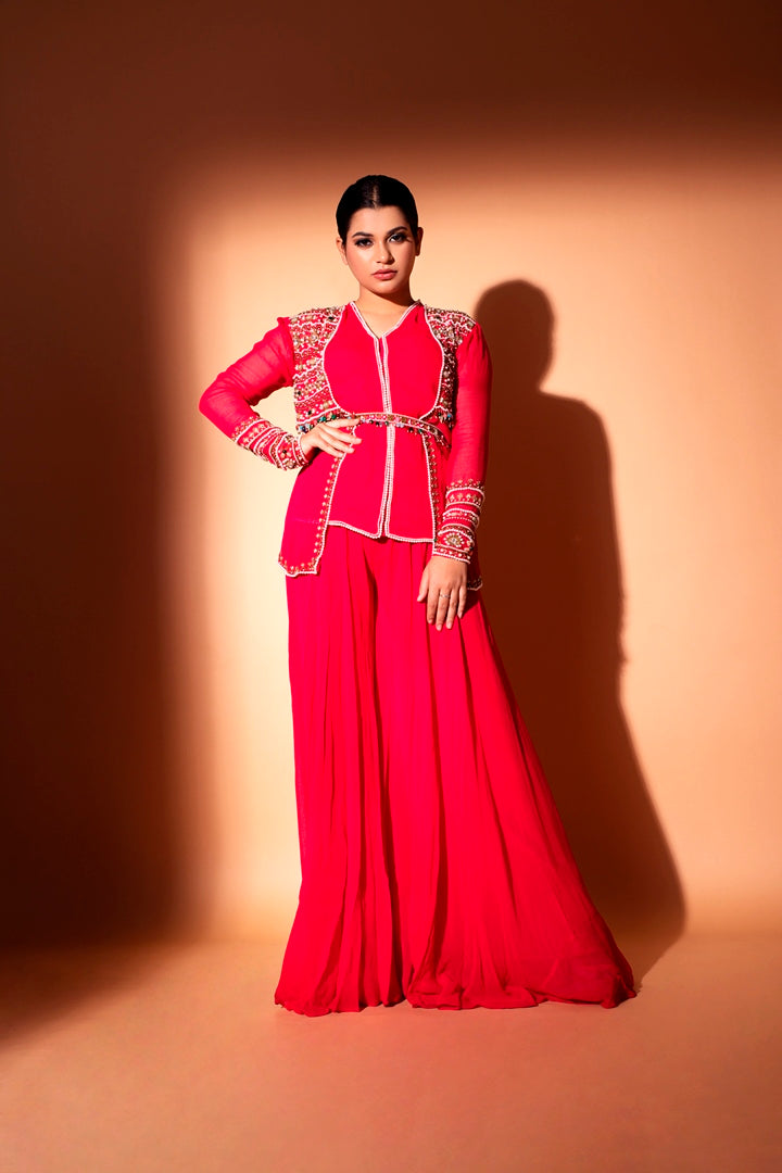 Pretty Fuchsia Jewell work Short Top and Palazzo Set