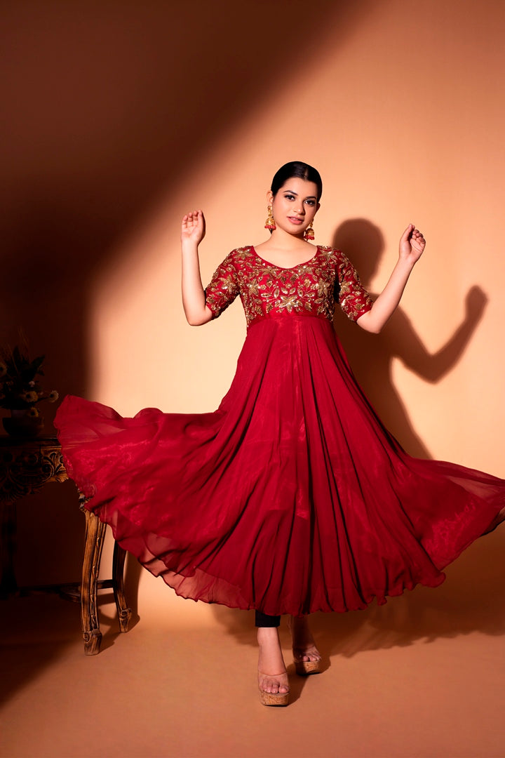 Marroon Hand Embroidered anarkali Suit Set