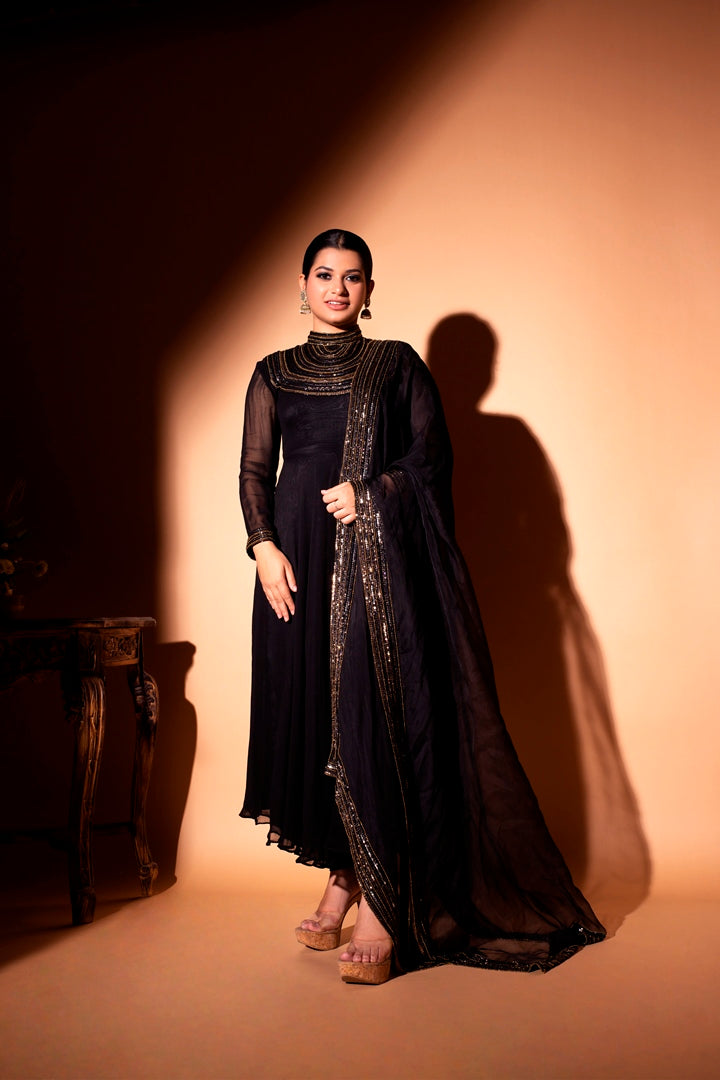 Black yoke Embroidered anarkali set