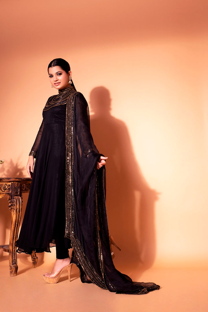 Black yoke Embroidered anarkali set