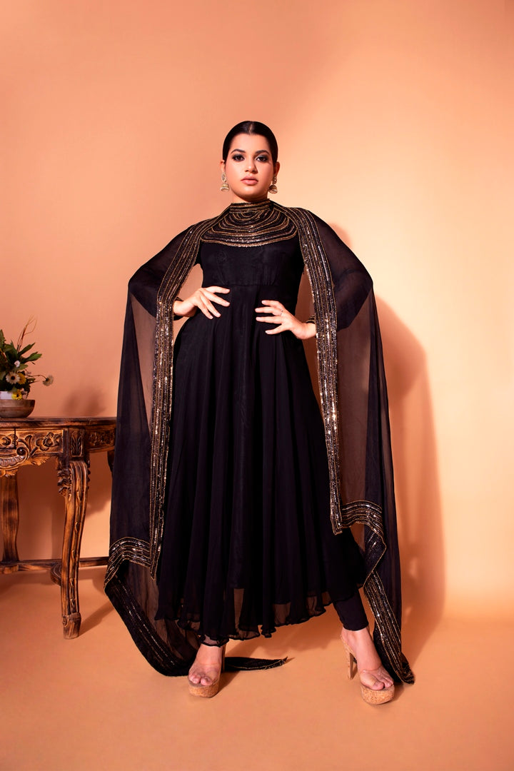 Black yoke Embroidered anarkali set