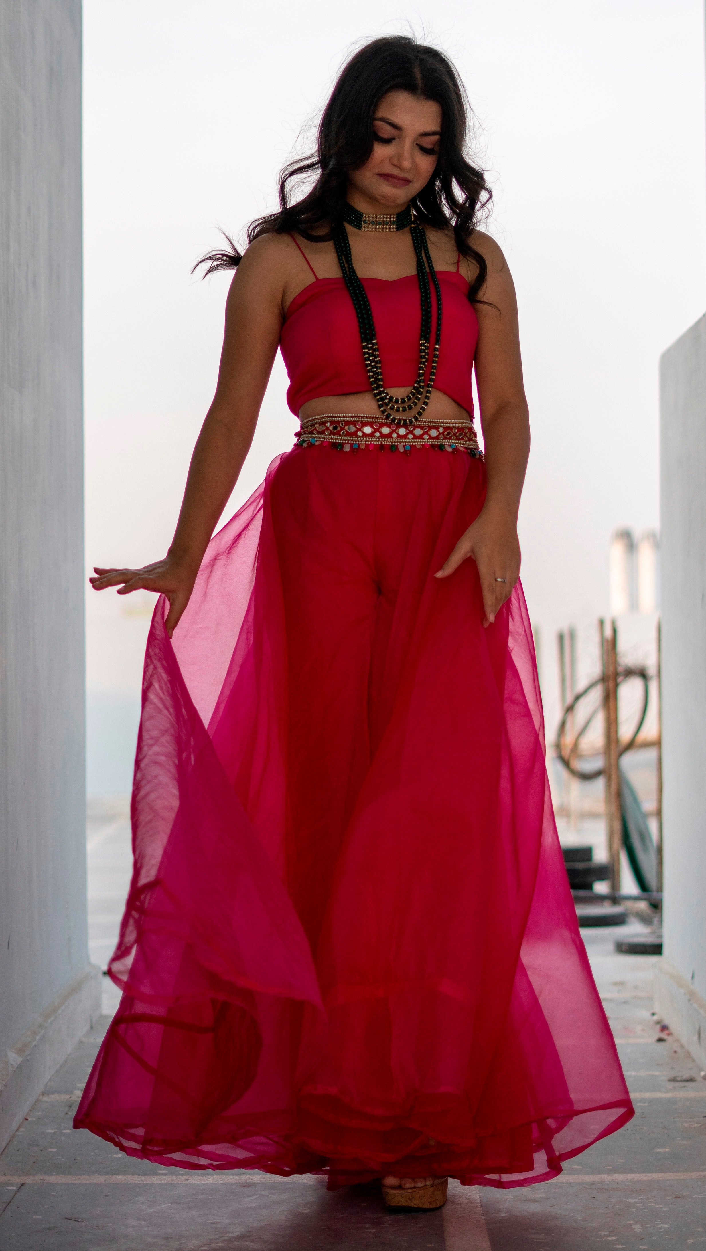 Fuchsia Crop Top & Skirt & Jacket SET