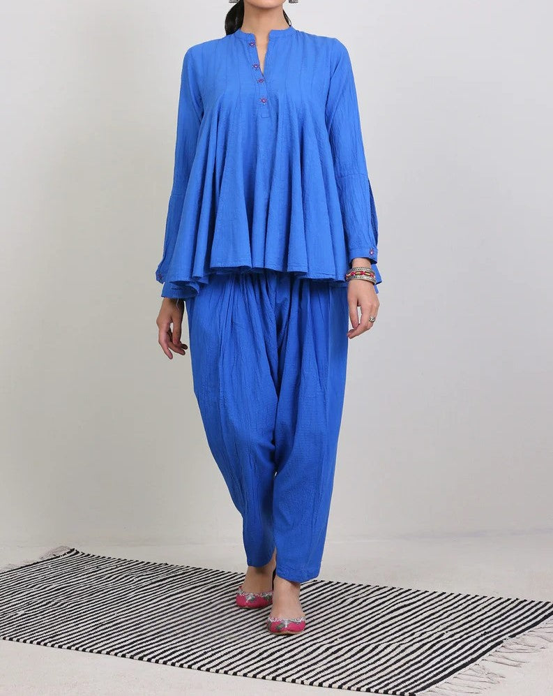 Blue short kali top with shalwar pants