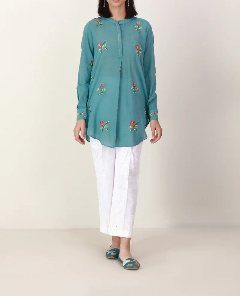 Embroidered Green Short Kurti with Cotton Pants