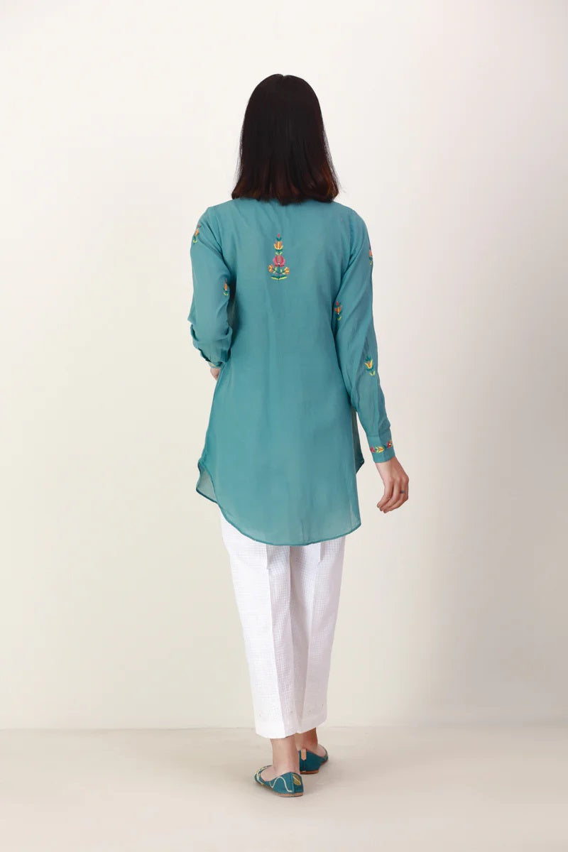 Embroidered Green Short Kurti with Cotton Pants