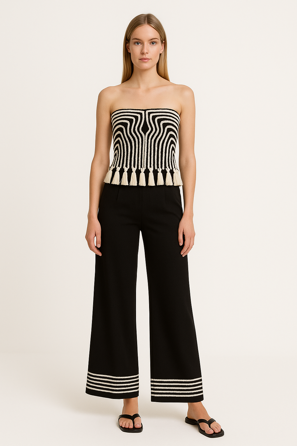 Monochrome Maze Tassel Top Pants Set