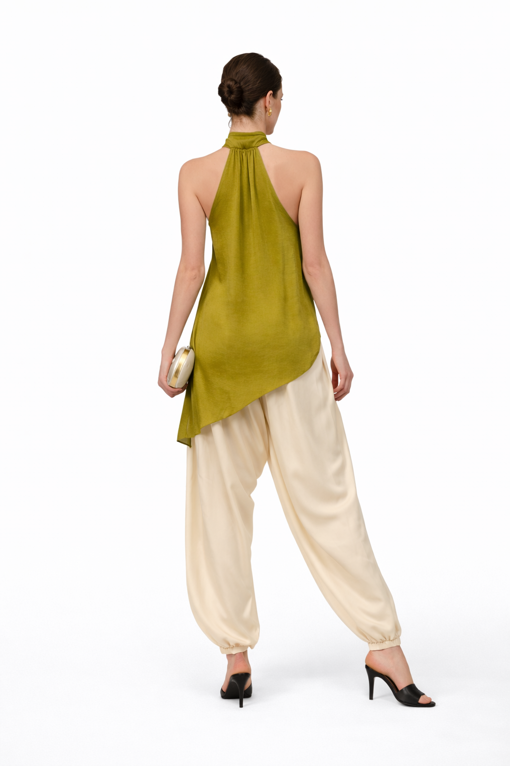 Olive Asymmetrical Halter Top with Cream Harem Pants