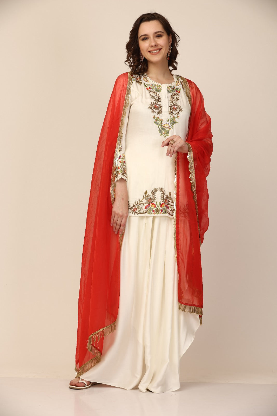 Off White embroidered Kurta Dhoti Set