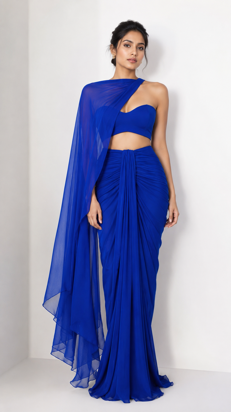 Royal Blue Drape Skirt Set with Organza Cape