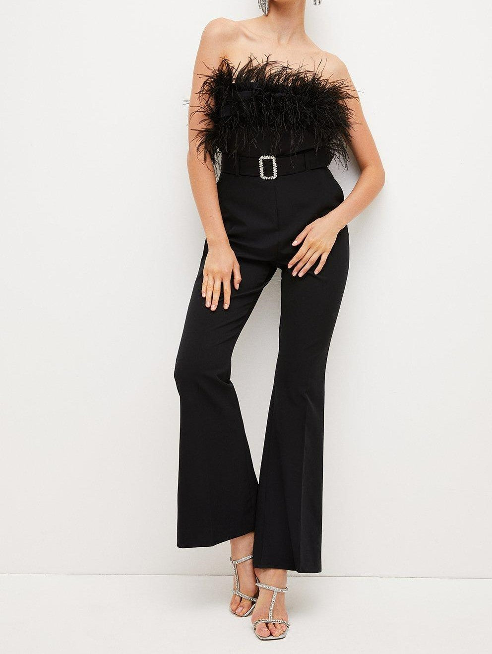 Fur Tube Jumpsuit with Decorated Waist Belt