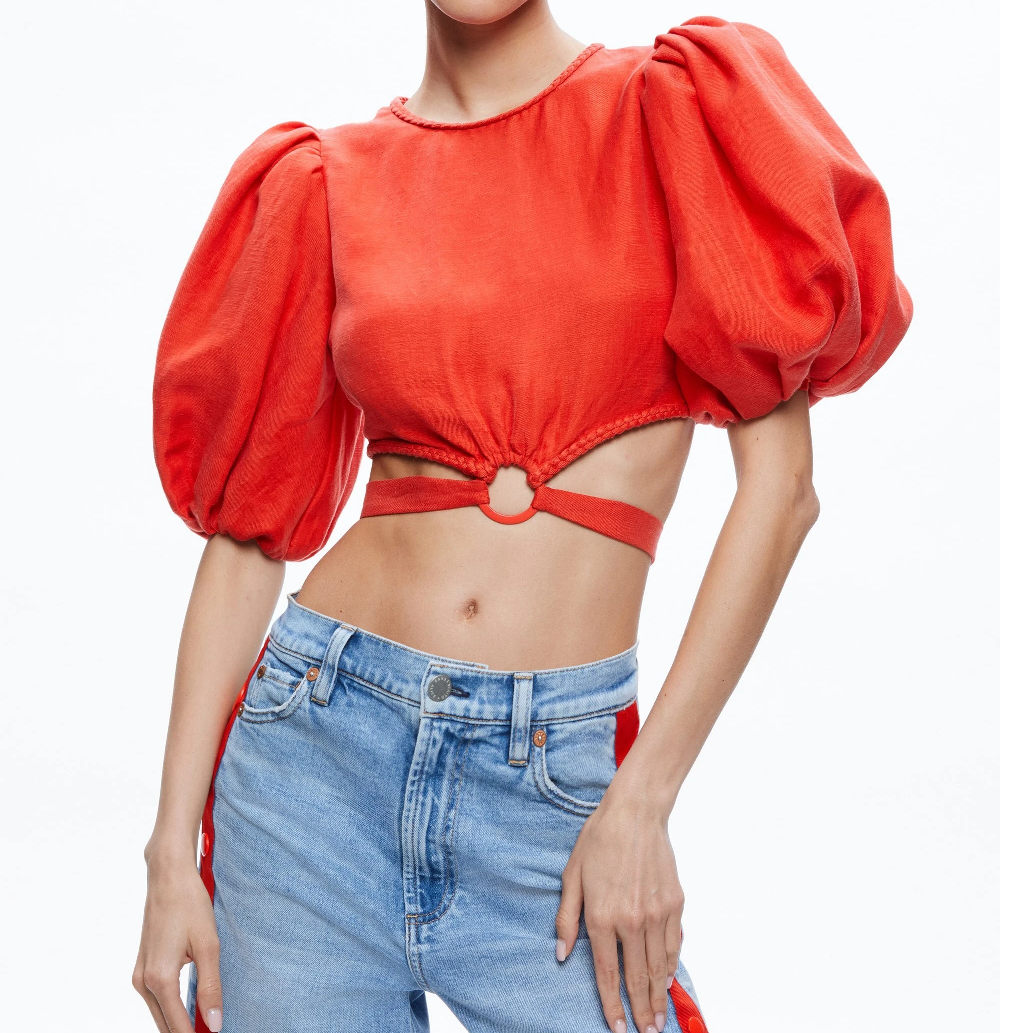 Crop Belted Top With Puff Sleeves