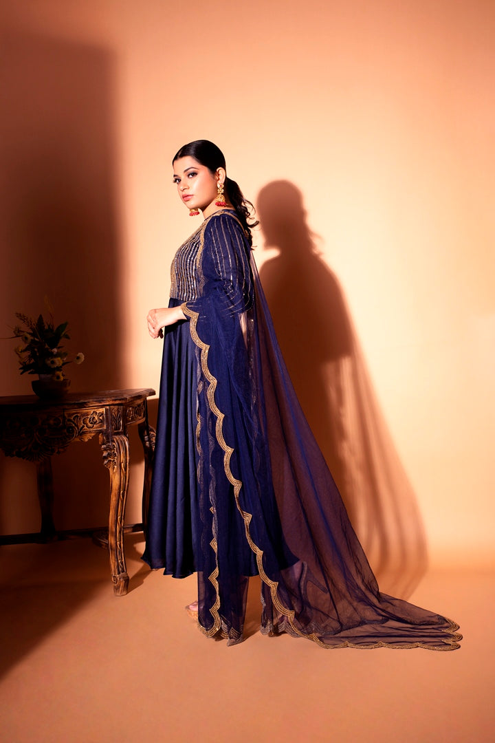 Blue Silk Chiffon Anarkali Set