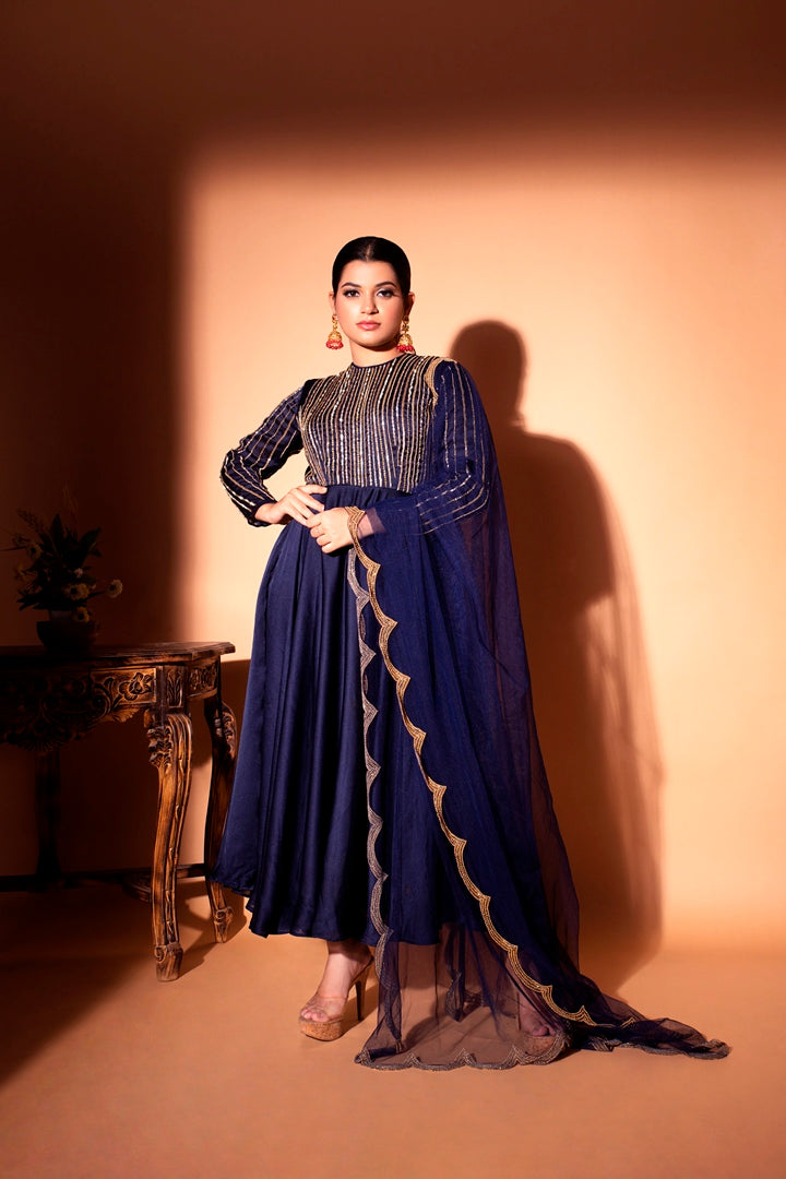 Blue Silk Chiffon Anarkali Set