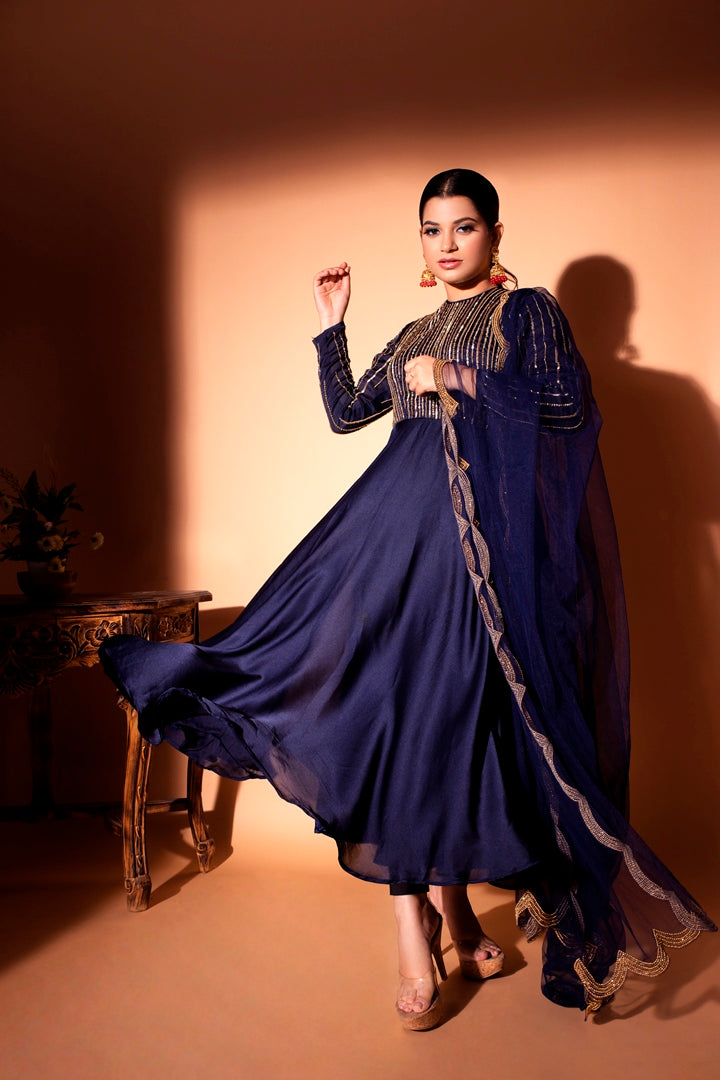 Blue Silk Chiffon Anarkali Set