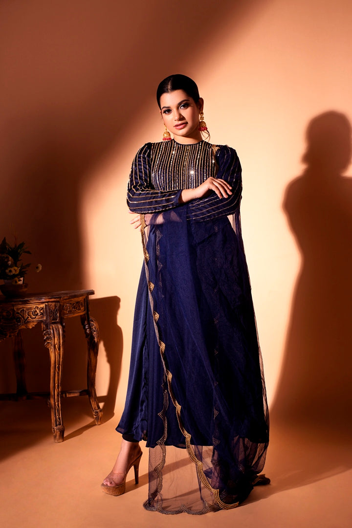 Blue Silk Chiffon Anarkali Set