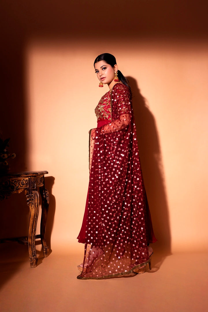 Marroon Hand Embroidered anarkali Suit Set