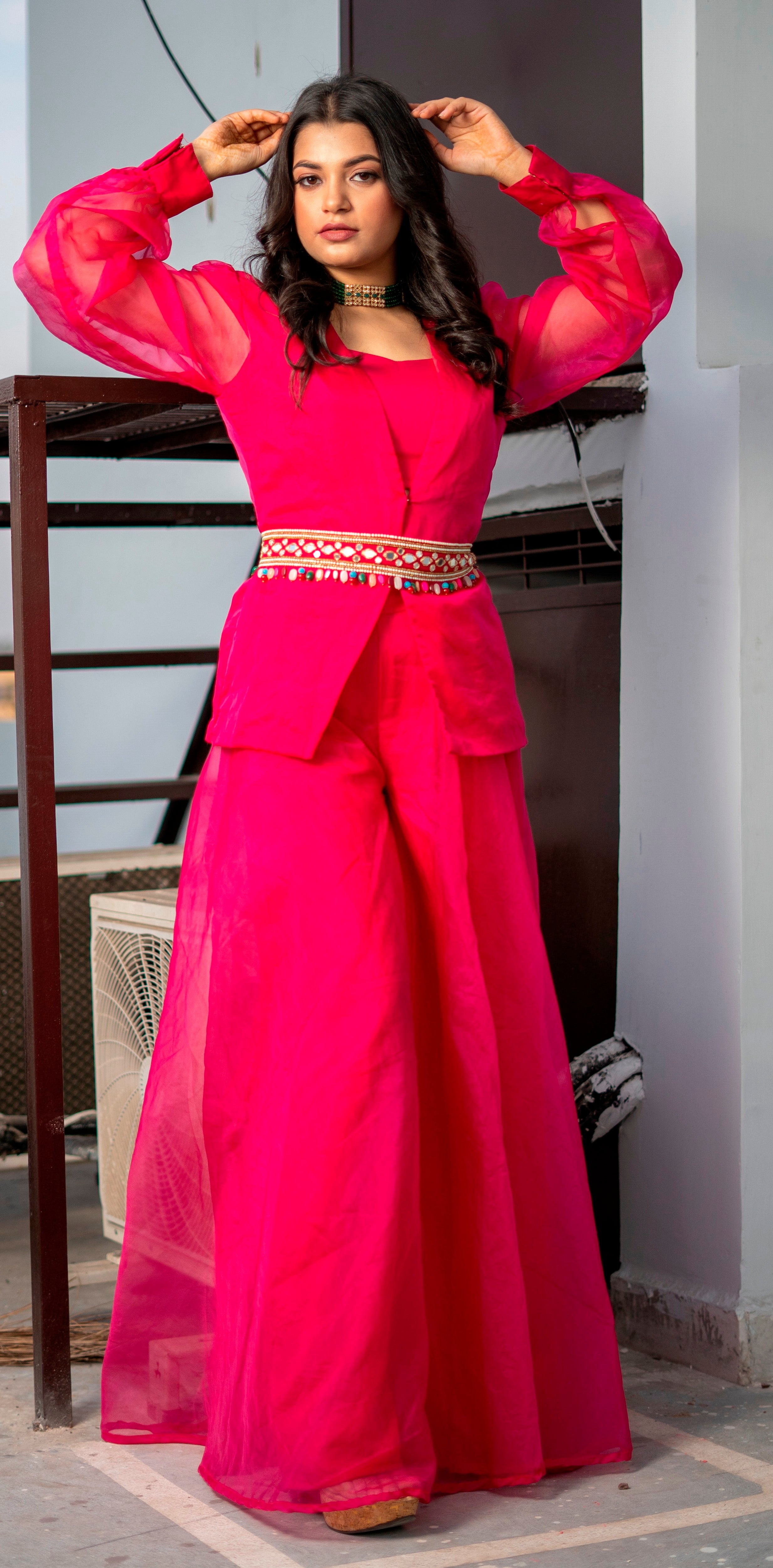 Fuchsia Crop Top & Skirt & Jacket SET